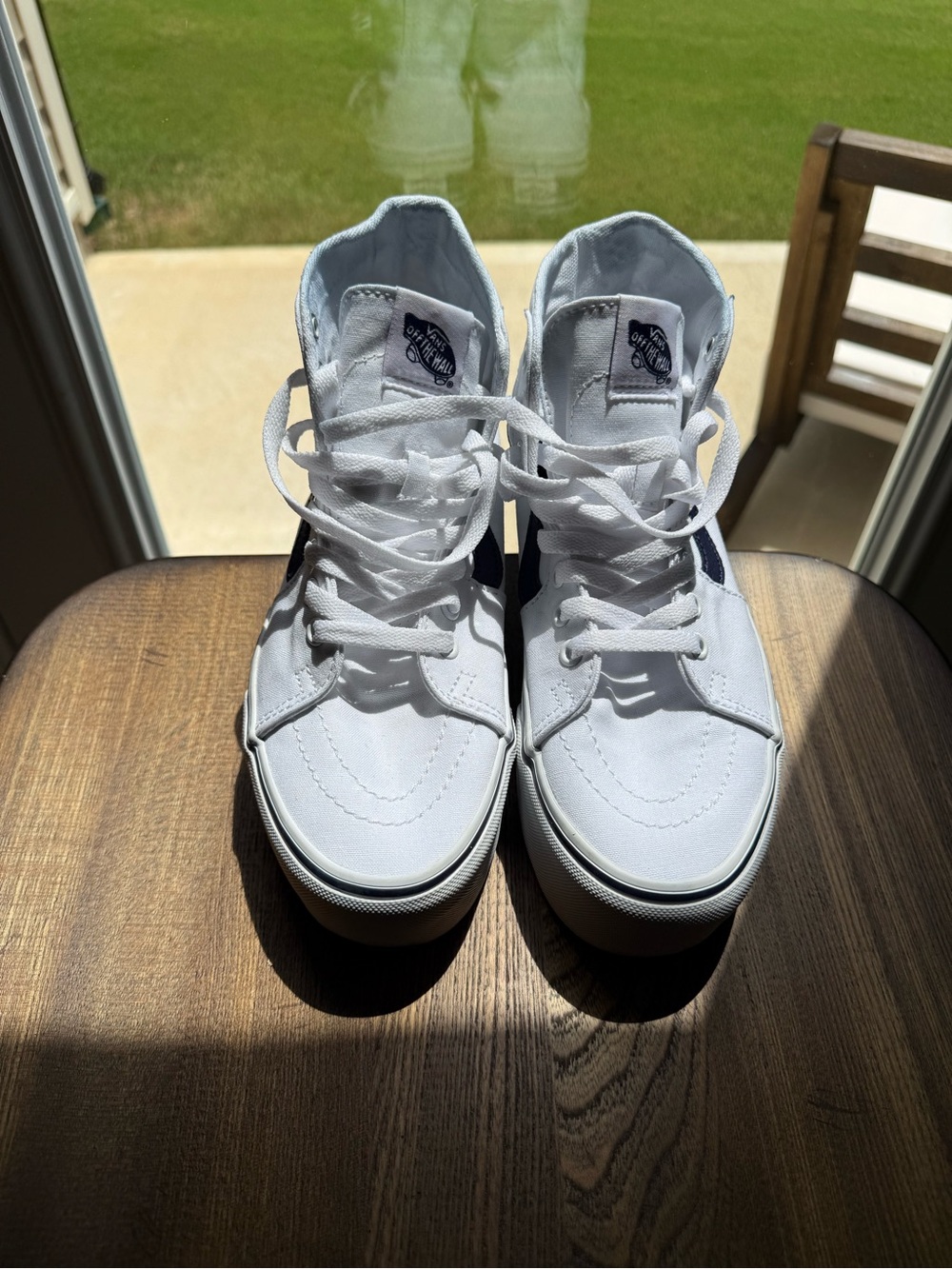 Vans White High-Top Sneakers with Blue Side Stripe - Picture 3 of 4